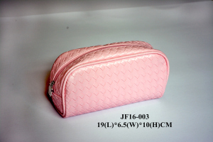 Fashion Pink Woven Textured PU Make Up Bag w/Piping and Zipper