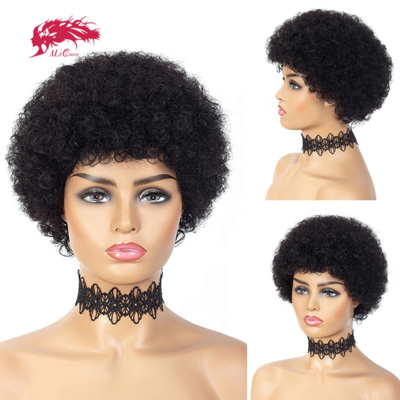 Ali Queen Short Afro Kinky Curly Wigs Remy Human Hair Wigs For Black Women Full Machine Wigs 
