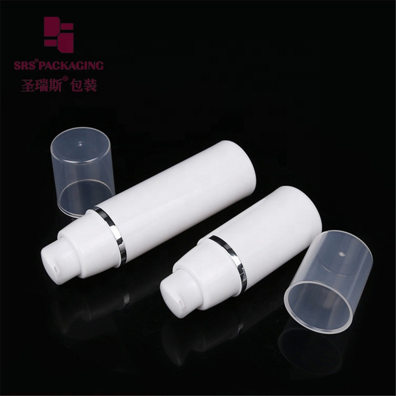 wholesale white PP airless pump bottle with hot stamping silver line cosmetic airless PP bottle 15ml 30ml 50ml