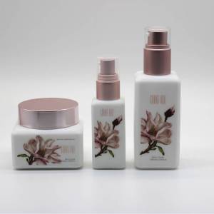 Square spray white opal glass cosmetic bottle and jar supplier