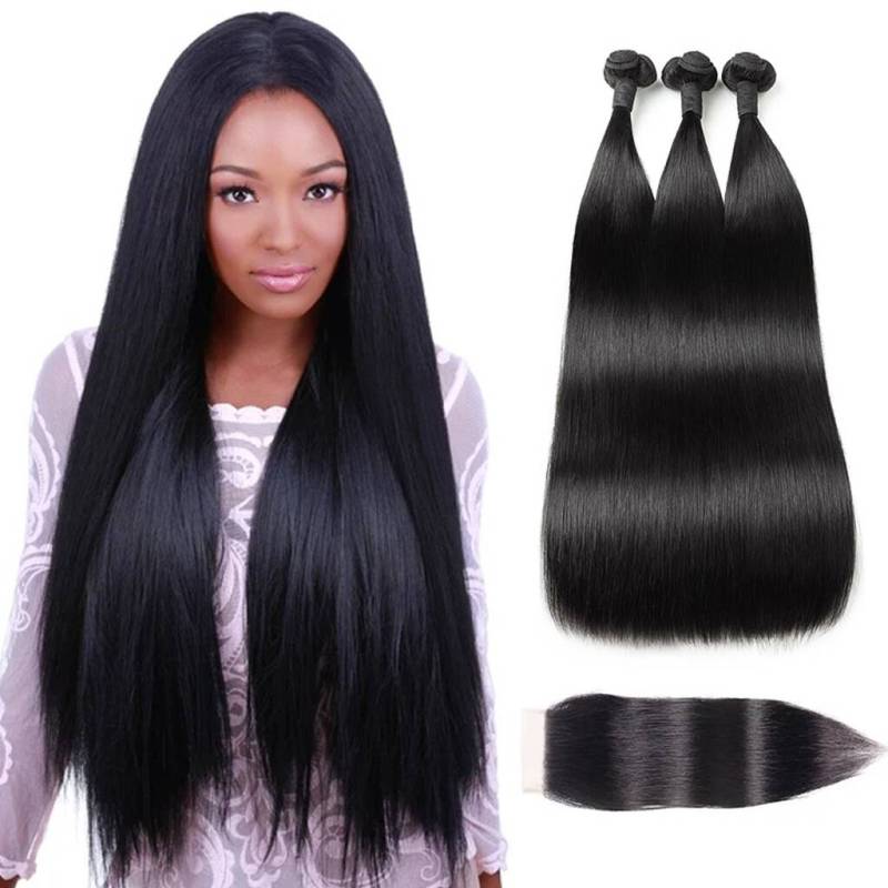 Factory Unprocessed Virgin Brazilian Hair Extensions Three Bundles With 1PCS Lace Closure Straight Wave 
