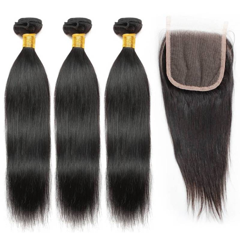 Factory Unprocessed Virgin Brazilian Hair Extensions Three Bundles With 1PCS Lace Closure Straight Wave 