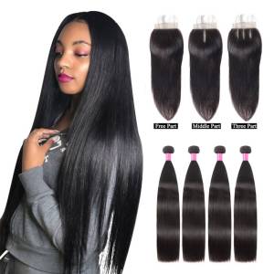 Vast Brazilian Straight Hair 3Bundles 8A Remy Human Hair Extensions With 4*4 Lace Closure Double Weft Weave Bundles With Closure 