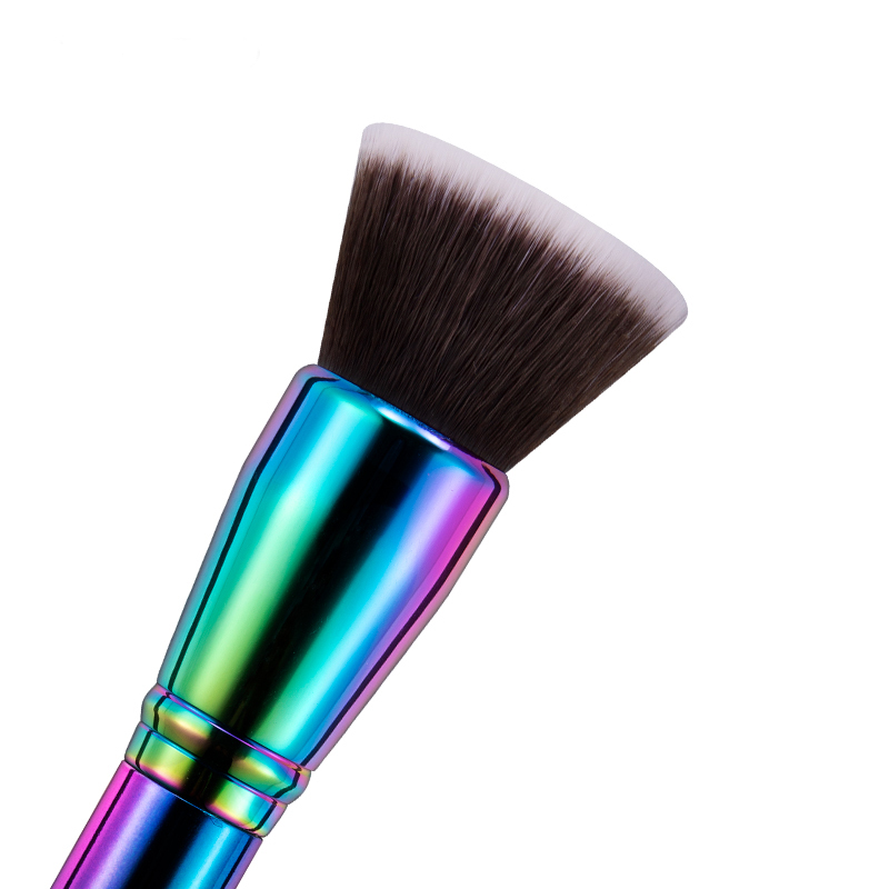 Flat Top Synthetic Hair Foundation Makeup Brushes With Holographic Aluminum Handle and Ferrule