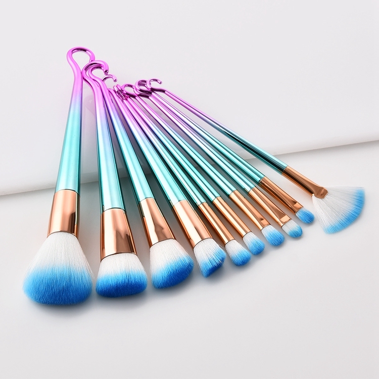Custom Logo Unicorn Hook Make Up Brush Set 10pcs Pink Green Gradient Color Makeup Brushes