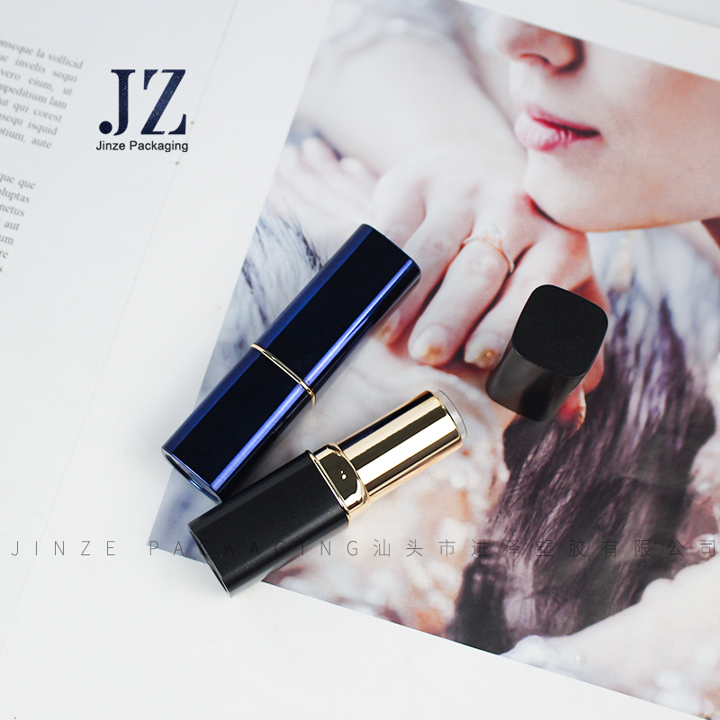 Stock goods jinze blue/black color square empty bottles tiny metal ring lipstick tube container lip balm packaging