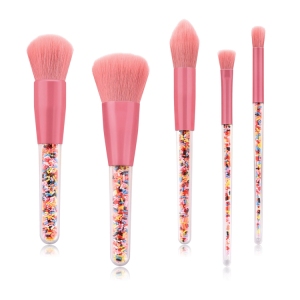 Hot Sale 5pcs Plastic Granule Transparent Handle Pink Color Cosmetic Brush Set Rainbow Candy Makeup Brushes Private Label