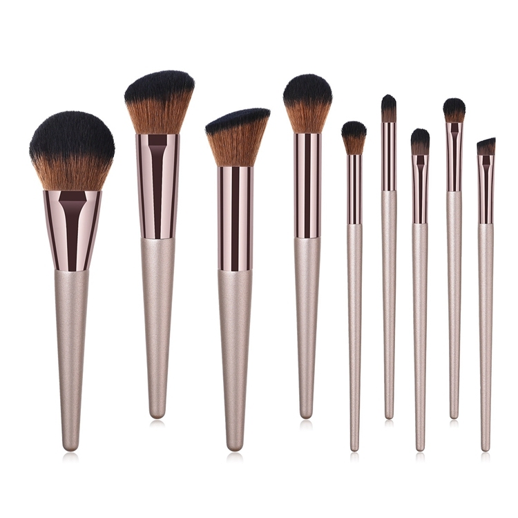 Professional High-quality 9pcs Champagne Color Cosmetic Beauty Tools Makeup Brush Set Private Label With PU Bag