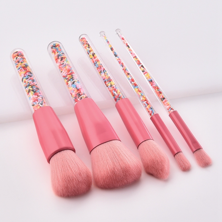 Hot Sale 5pcs Plastic Granule Transparent Handle Pink Color Cosmetic Brush Set Rainbow Candy Makeup Brushes Private Label