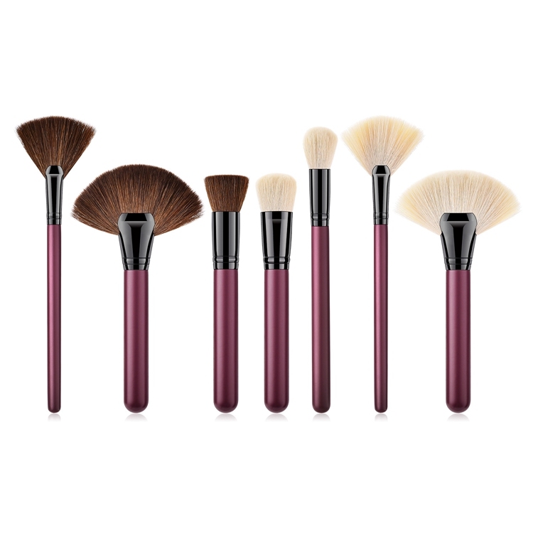 Private Label 7pcs Purple Red Wooden Cosmetic Fan Brush Tools Makeup Brush Set For Beauty 