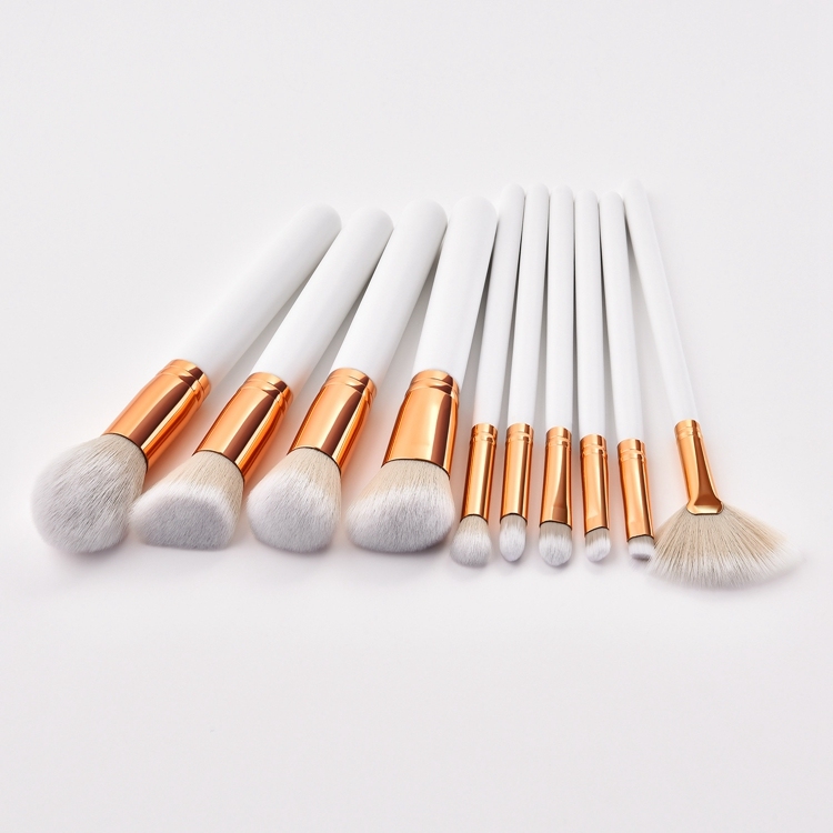 Wholesale Advanced Soft Hair 10pcs Beauty Accessories Rose Gold Tube White Wooden Handle Makeup Brush Set Private Label