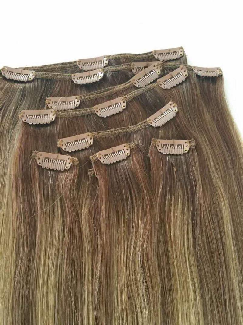 Piano color remy human clip in hair extensions in stock 