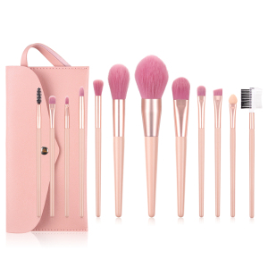 High quality Synthetic 12pcs Pink Powder Makeup brush set with PU pouch 