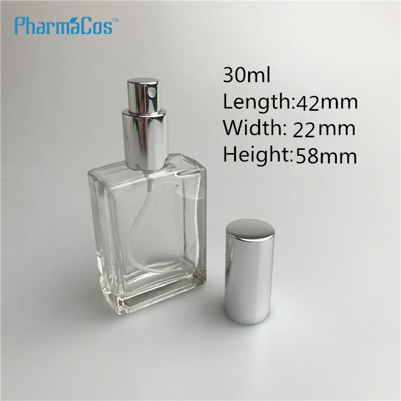 Glass spray 30ml pump perfume bottle with silver pumps 