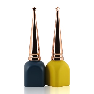 guangzhou factory OEM custom coated empty uv gel nail polish glass bottle with pointy gold caps and flat dupont brush