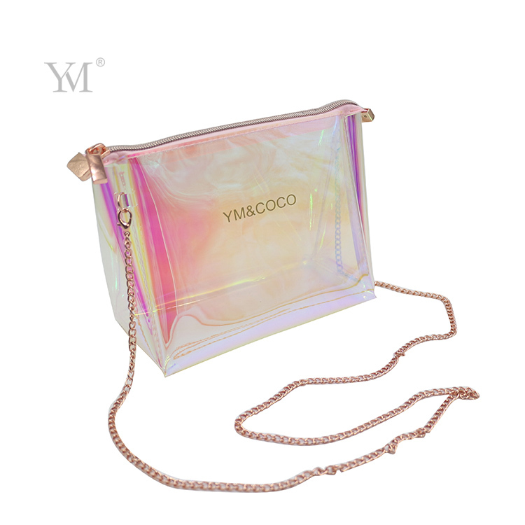 Crossbody custom cosmetic bag hologram cheap clear makeup bag pink transparent