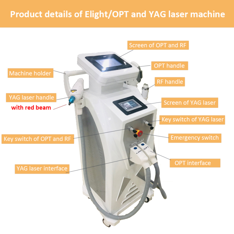 High quality 4 in 1 elight ipl / opt rf nd yag laser tattoo removal / hair removal machine for spa 