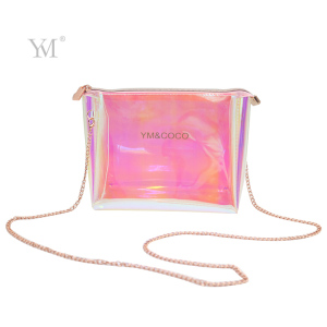Crossbody custom cosmetic bag hologram cheap clear makeup bag pink transparent