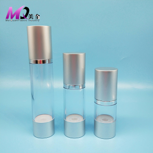 Airless bottle with shiny silver aluminum cap 