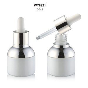 1oz high quality luxury all milk white round cosmetic glass dropper bottle 30ml with aluminum collar wholesale 