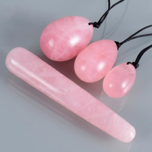 3 Pcs Drilled Natural Crystal Rose Quartz Yoni Eggs 1 Pcs Yoni Massage Stick Set