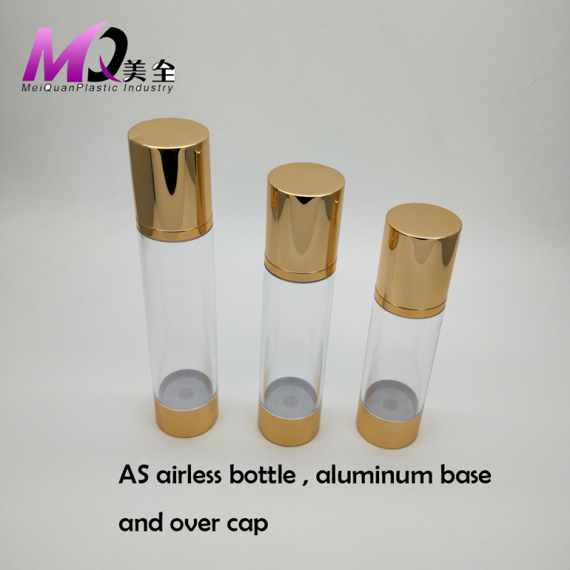 Airless bottle with shiny gold aluminum cap 