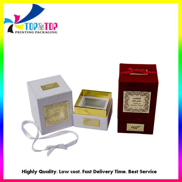 Custom White Red Flocking Rigid Paper Perfume Box with Ribbon  Wholesale