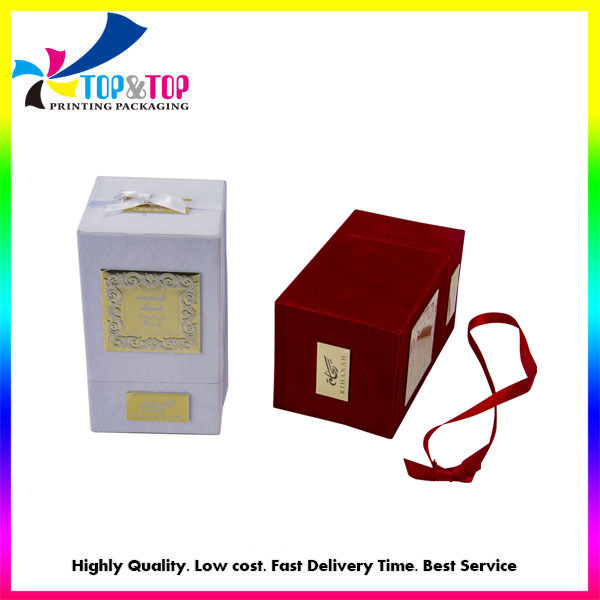 Custom White Red Flocking Rigid Paper Perfume Box with Ribbon  Wholesale
