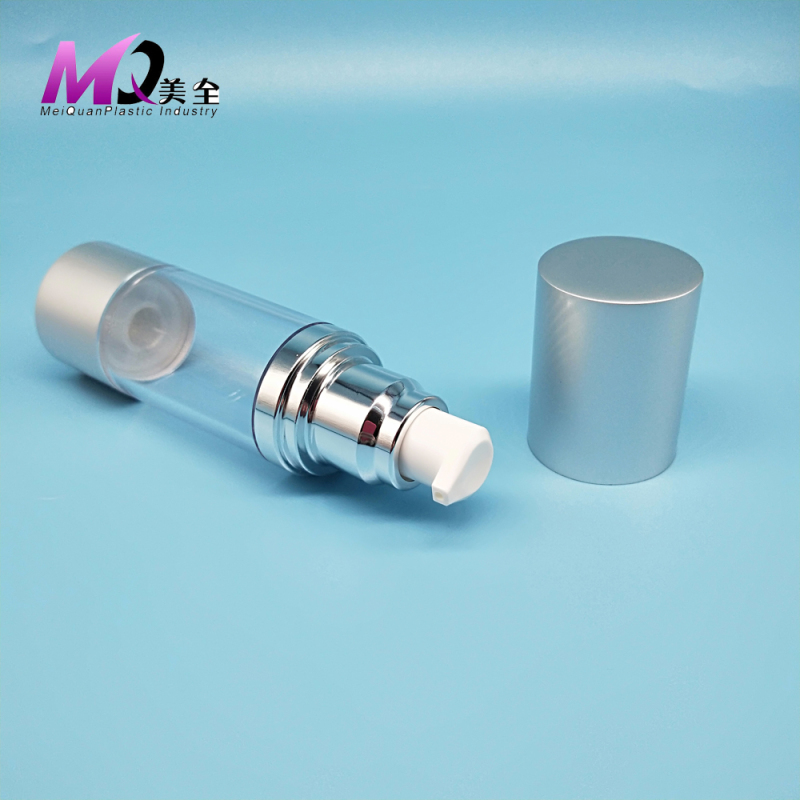 Airless bottle with shiny silver aluminum cap 