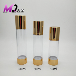 Airless bottle with shiny gold aluminum cap 
