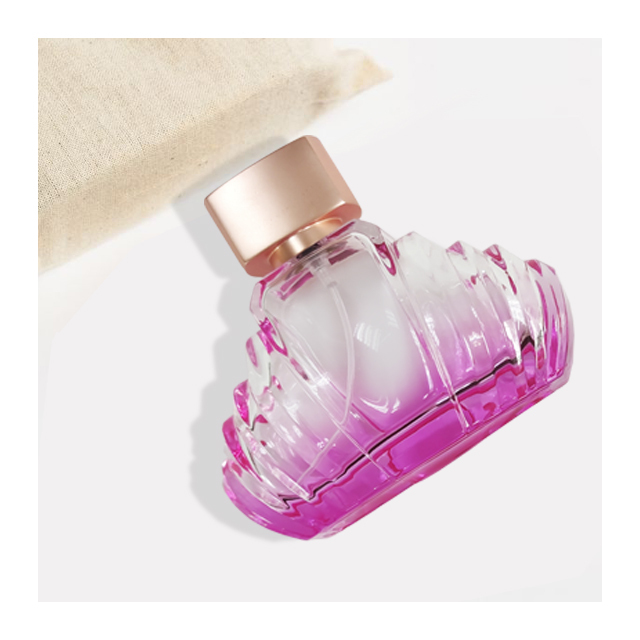 Low cheap price stocked gradient black pink pyramid shaped crimp pump spray perfume bottle 100ml