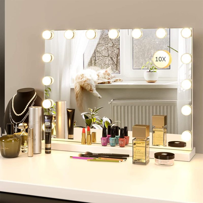 Vanity Mirror with Lights,Large Hollywood Lighted Makeup Mirror with 15 Dimmable LED Bulbs,3 Color Modes,Touch Control,10X Magnification for Bedroom,Tabletop or Wall-Mounted