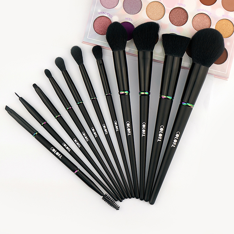 11 brush set with matte black wooden handle colorful electroplated middle section makeup brush