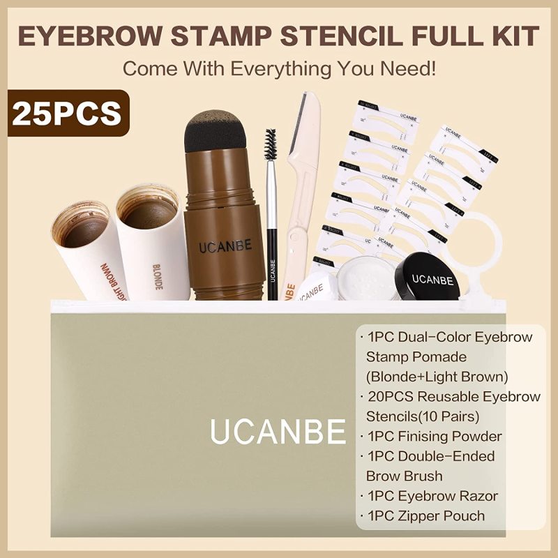 UCANBE 25PCS Eyebrow Stamp Stencil Kit With Dual-Color Eyebrow Stamp Pomade, 20 Reusable Eyebrow Stencils, Finising Powder, Double-Ended Brush, Eyebrow Razor, Zipper Pouch