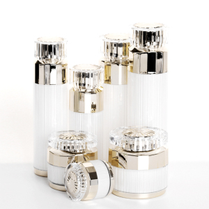 Wholesale gold lid plastic serum lotion pump bottle 30ml 50ml 100ml 120ml white acrylic cosmetic packaging set