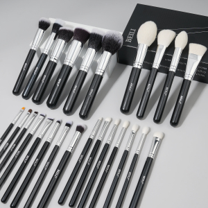 BEILI 25pcs Luxury Makeup Brush Set Black Wood Handle kit Silver Tube Synthetic Bristles Face and Eye brushes for Makeup Artist