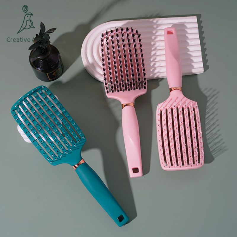 Custom Logo Hair Styling Wet Hair Vent Detangling Brush Curved Vented Nylon & Bristle Hairbrush For Curly Hair