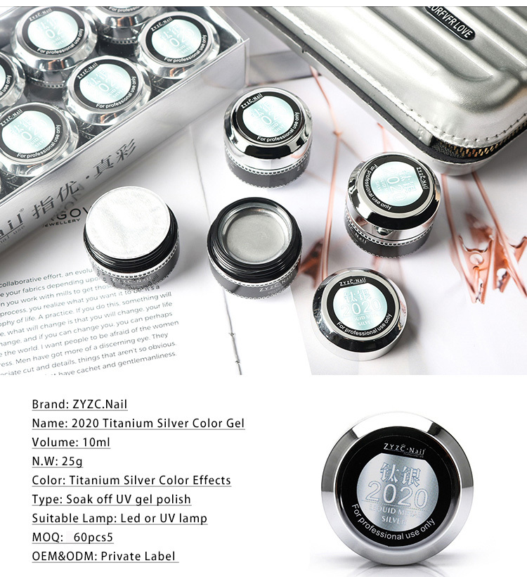 2020 Titanium Silver Color Effects Nail Polish UV Gel natural pigment Long Lasting Soak Off Nails polish UV Gel 