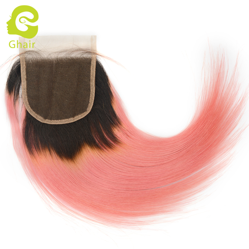 Ghair wholesale 10A+ 4x4 regular lace closures raw virgin human hair straight wave 1B#/Pink 10"-20"