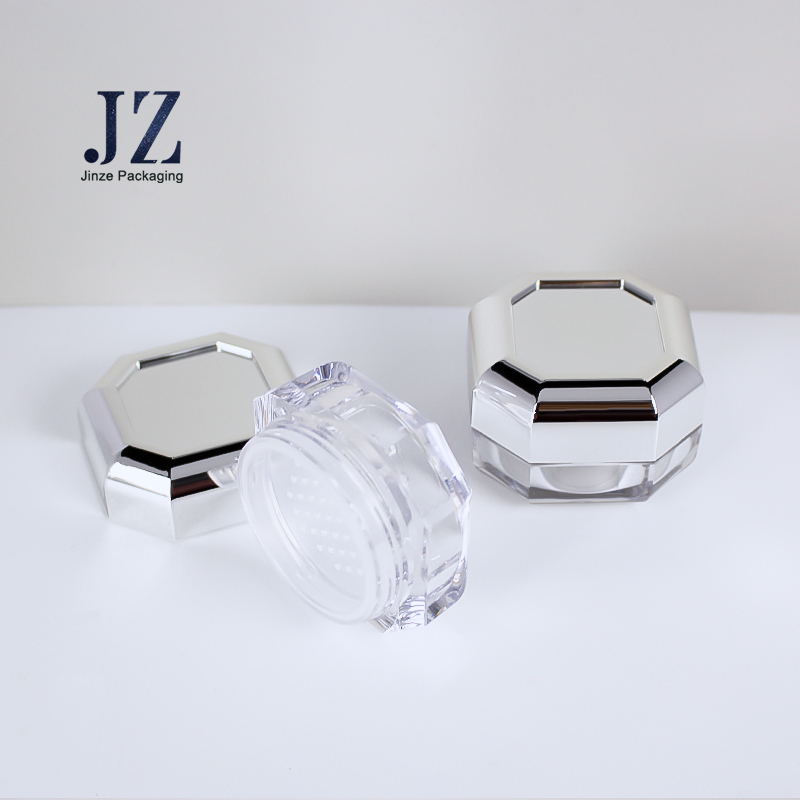 jinze octagon silver lid with double wall bottle mini cute loose powder container jar with sifter 