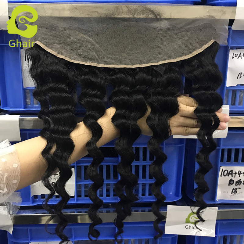 Ghair wholesale 9A+ 13x4 transparent lace frontals raw virgin human hair loose deep wave 1B# 10"-20"