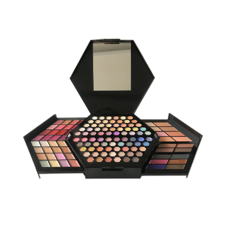 Big professional makeup palette with nake eyeshadow, blusher and lip gloss 