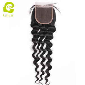 Ghair wholesale 10A+ 4x4 regular lace closures raw virgin human hair ; loose deep wave 1B# 10"-20"