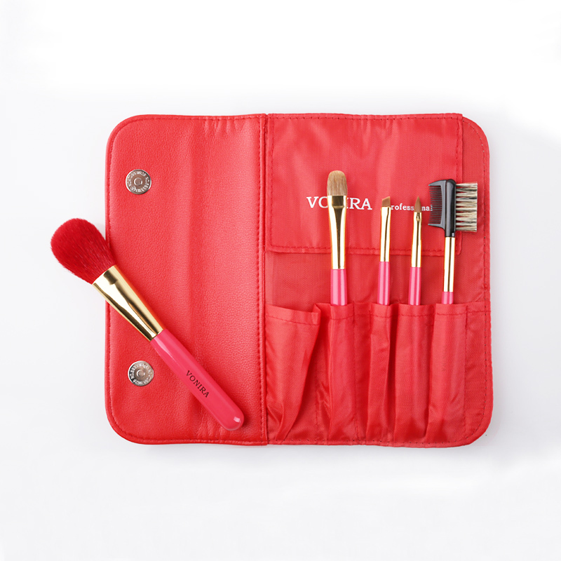 Gorgeous Mini Travel 5 piece Makeup Brushes Set with a Cute Red Brush Case