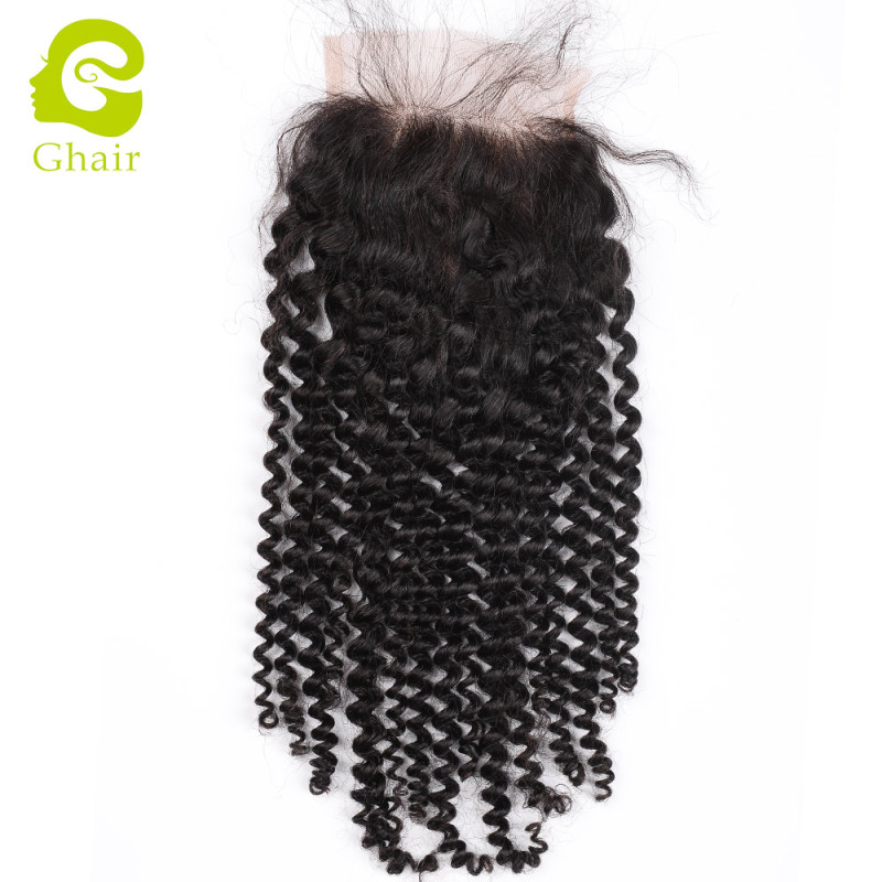 Ghair wholesale 10A+ 4x4 regular lace closures raw virgin human hair ; kinky curly 1B# 10"-20"