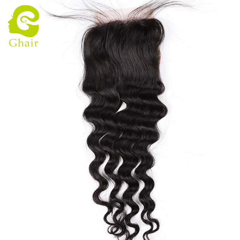 Ghair wholesale 10A+ 4x4 regular lace closures raw virgin human hair ; loose deep wave 1B# 10"-20"