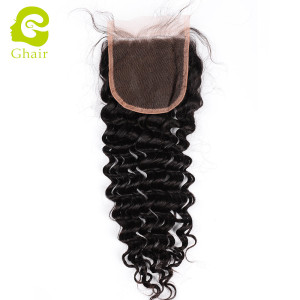 Ghair wholesale 10A+ 4x4 regular lace closures raw virgin human hair ; deep wave 1B# 10"-20"