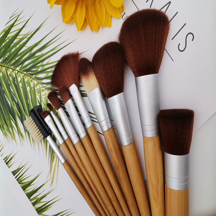 Wessen Multi-Function Makeup Brush Bamboo Handle Silver Aluminum Tube 10 Make-up Brush Makeup Brush Sets