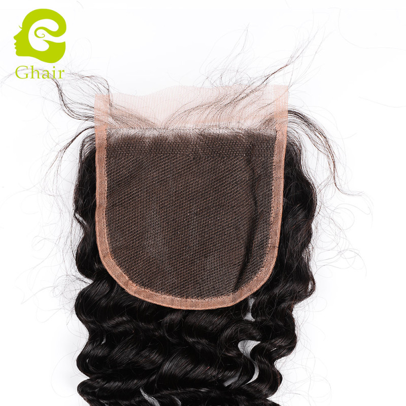 Ghair wholesale 9A+ 4x4 regular lace closures raw virgin human hair deep wave 1B# 10"-20"