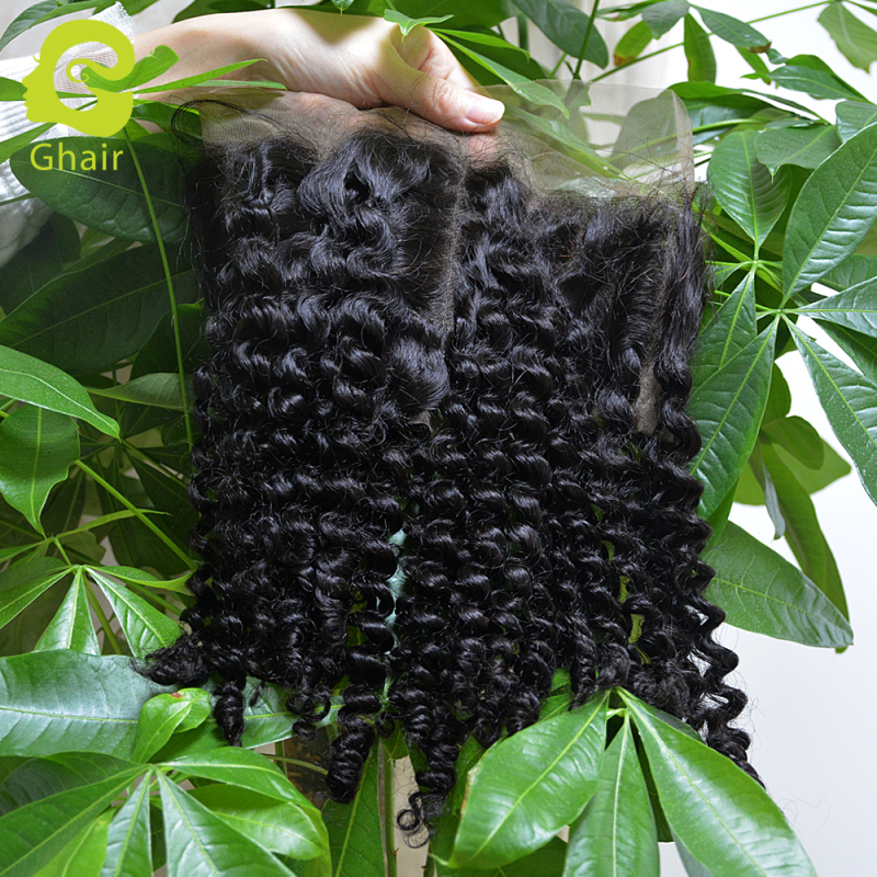 Ghair wholesale 9A+ 360 regular lace closures raw virgin human hair deep curly 1B# 10"-20"